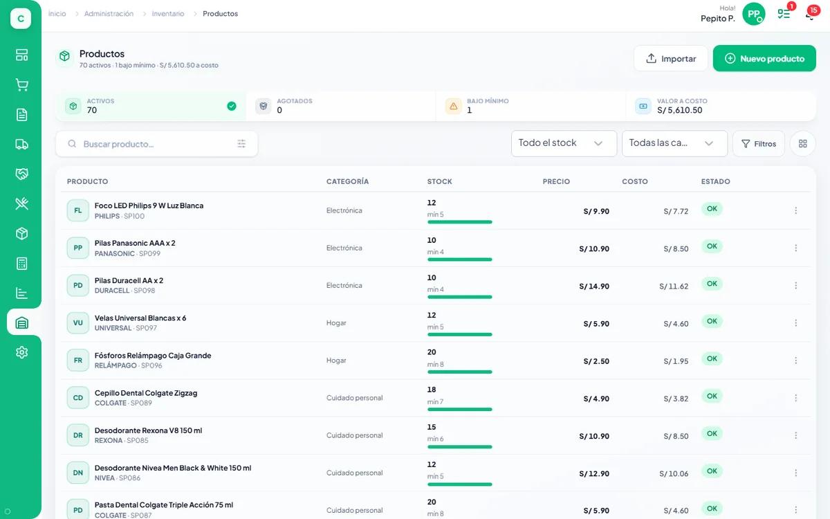 Lista de productos de CyberPOS con categoría, stock, precio y costo