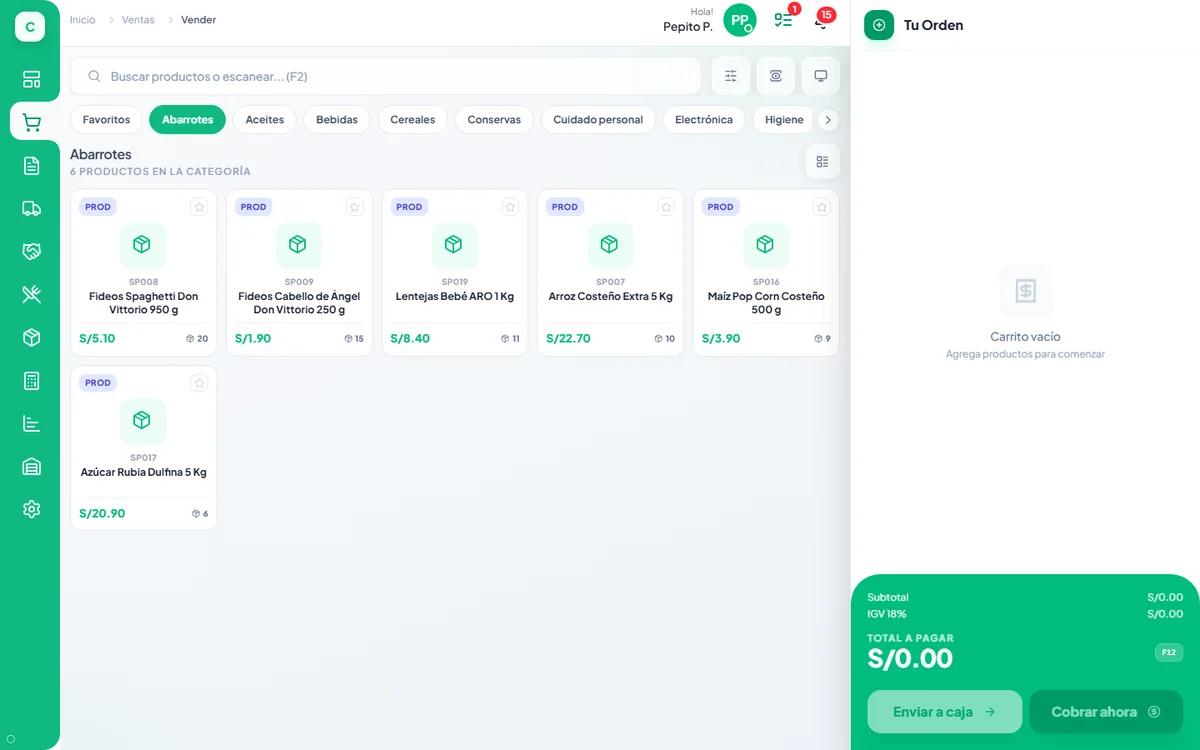 Pantalla de venta de CyberPOS con productos de abarrotes y la orden en curso